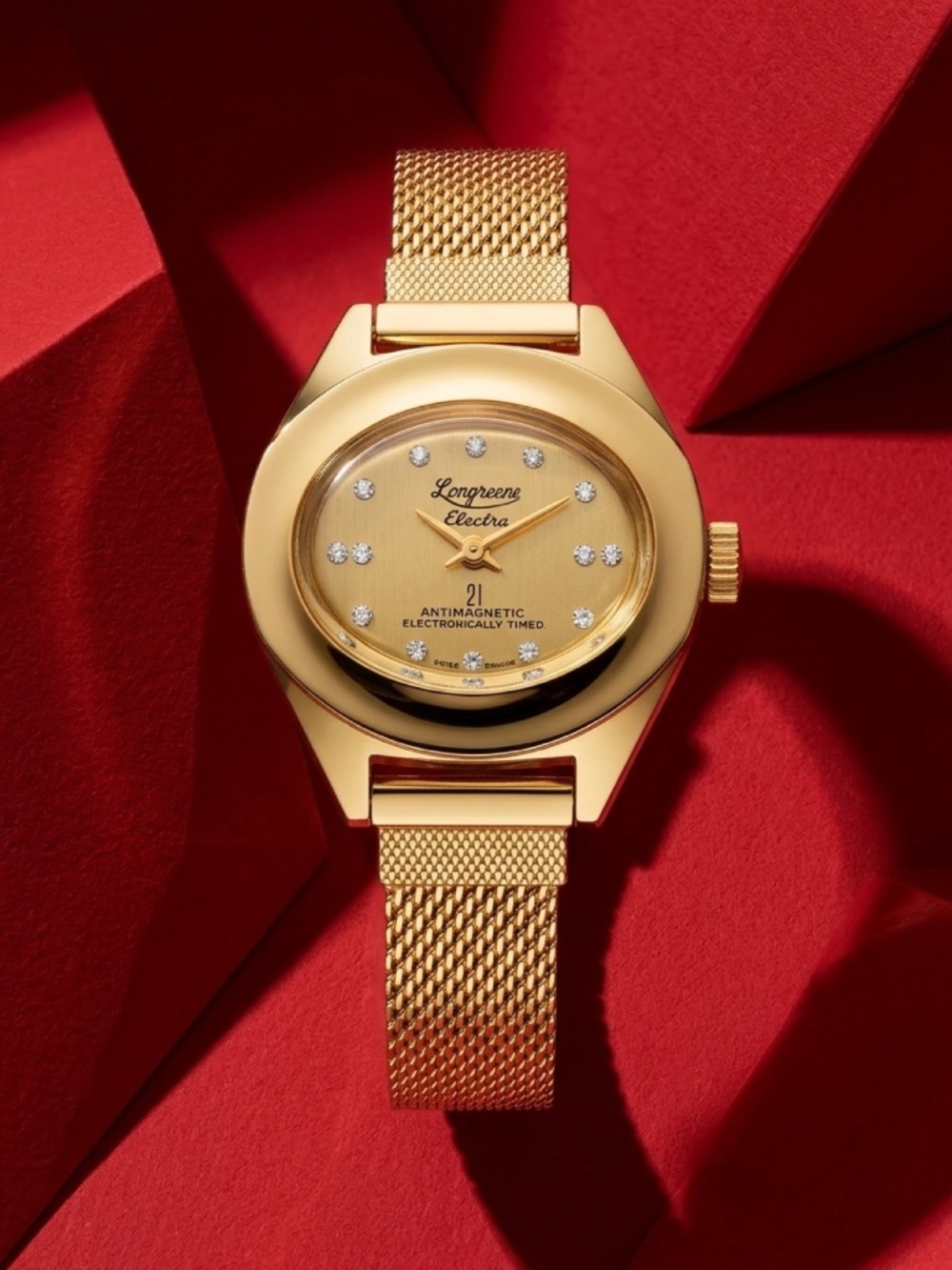 VTG Longreene Electra Gold Tone Mesh Band Watch - 21 Jewels Antimagnetic - Mint